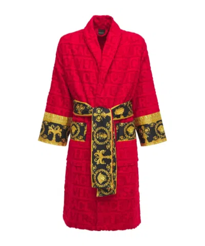 Versace I Love Baroque Logo-jacquard Cotton Bathrobe In Red