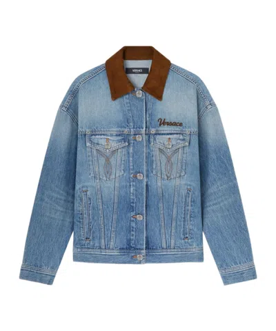Versace Cotton Denim Jacket Long Sleeves Contrast Collar In Blue