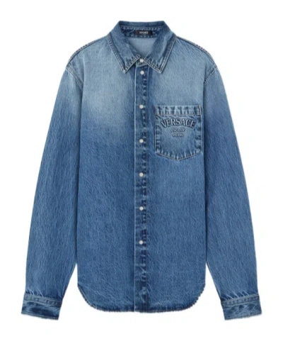 Versace Indigo Blue Washed Denim Shirt With Embossed Logo