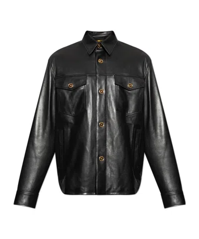 Versace Long-sleeved Leather Jacket In Black