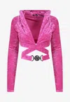 Versace Long-sleeved Medusa Velvet Cropped Top In Pink
