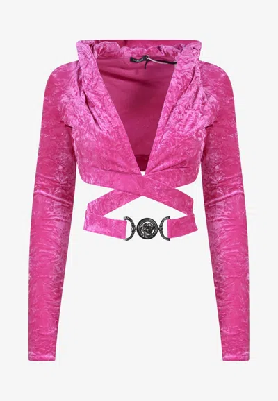 Versace Long-sleeved Medusa Velvet Cropped Top In Pink
