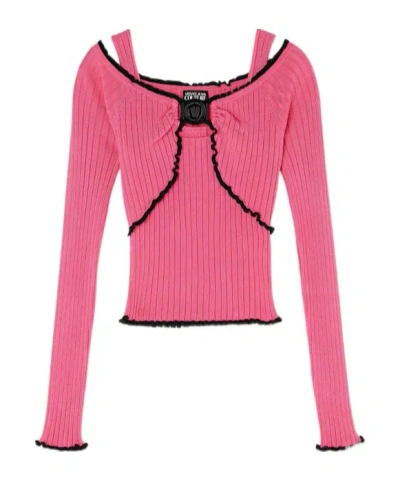 Versace Long-sleeved Off-shoulder Collar Sweater In Pink