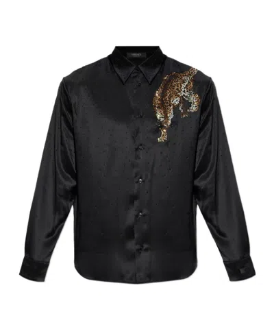 Versace Embellished-animal Shirt In Black