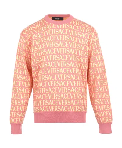 Versace Long-sleeved Sweater With Round Neck Logo In Pink