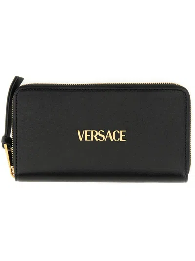 Versace Long Wallet With Logo In Black