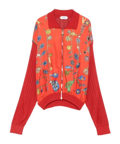 Versace Jewellery-print Pleated-sleeve Cardigan In Red