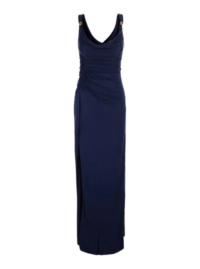 Versace Long-sleeve V-neck Viscose Long Dress For Women In Blue