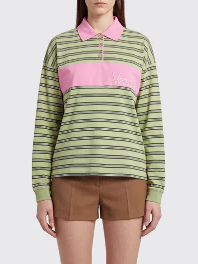 Versace Long-sleeved Cotton Polo Shirt With Striped Pattern And Logo In Multi