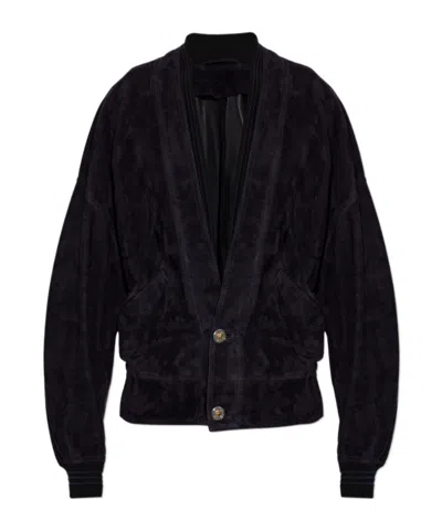 Versace Long-sleeved Leather Jacket In Black