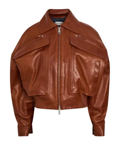 Versace Pocket Zip Leather Jacket In Brown
