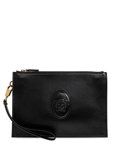 Versace Lou Leather Clutch Bag In Black