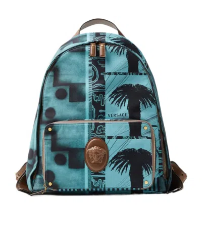 Versace Lou Printed-canvas Backpack In Blue