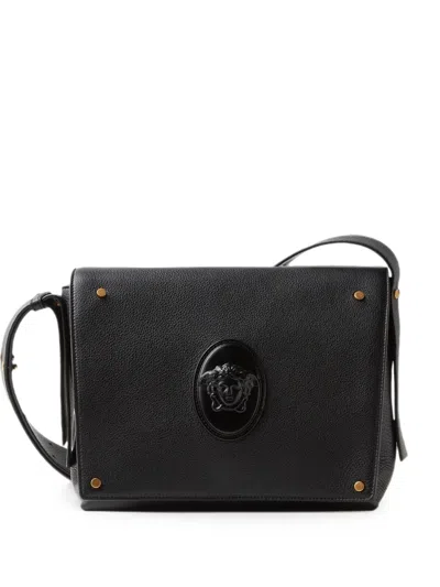 Versace Lou Small Leather Messenger Bag In Black