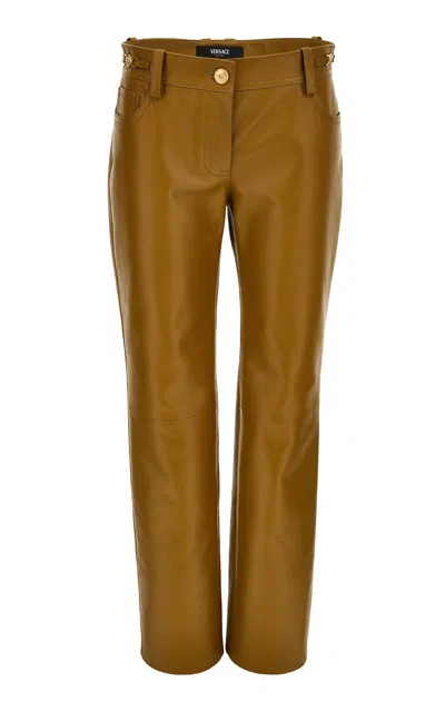 Versace Low-rise Plonge Leather Straight-leg Pants In Khaki