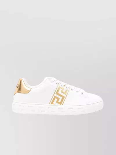 Versace Luxe Leather Low Top Sneakers In White/gold