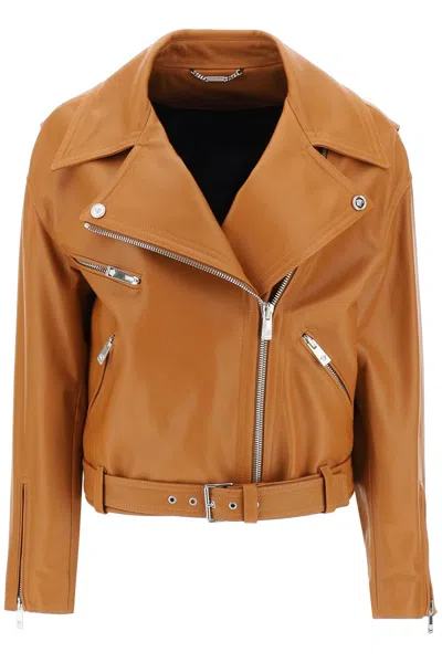 VERSACE LUXURIOUS WOMEN'S BIKER JACKET IN SMOOTH LEATHER WITH ICONIC SILVER-TONE DETAILING