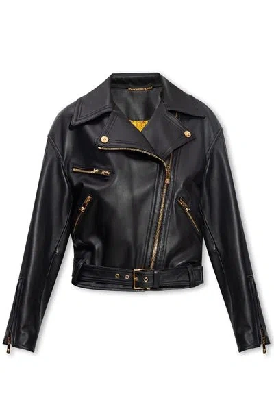 Versace Luxurious Zip-up Leather Biker Jacket For Women In Black