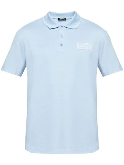 Versace Short-sleeved Polo Shirt With Logo In Blue