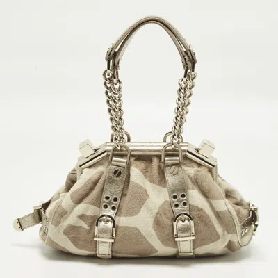 Pre-owned Versace Madonna Frame Beige Calf Hair And Leather Satchel In Sand