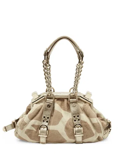 Pre-owned Versace Madonna Giraffe-print Satchel Bag In Neutral