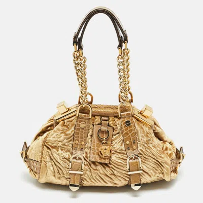 Pre-owned Versace Madonna Gold Croc Embossed Leather And Velvet Satchel