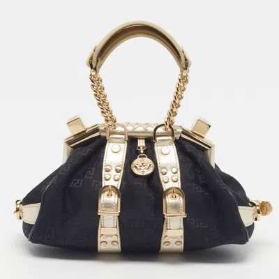Pre-owned Versace Madonna Mini Black/gold Jacquard Fabric And Leather Frame Satchel