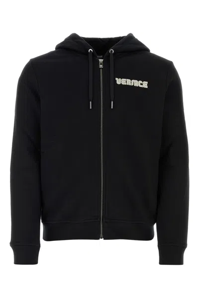 Versace Hooded Cotton Sweatshirt Ribbed Cuffs Hem In Black