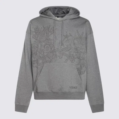 Versace Logo-embroidered Cotton Hoodie In Grey