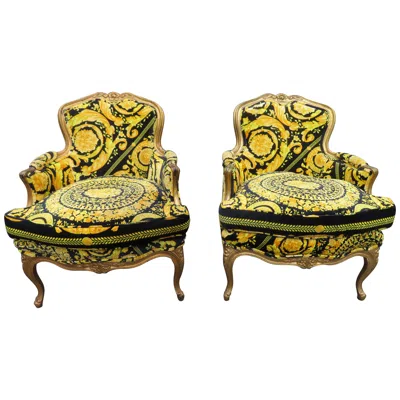 Pre-owned Versace Magnificent Pair French Louis 15th Style Carved Chairs Custom  Fabric In Brown