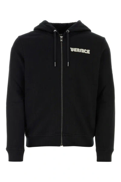 Versace Crystal-embellished Logo Zip-up Hoodie In Black