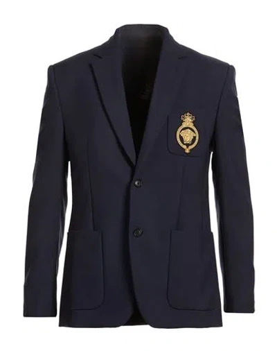 Versace Man Blazer Navy Size 46 Wool, Mohair Wool In Blue