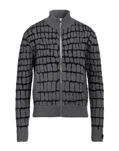Versace Man Cardigan Lead Size 40 Virgin Wool, Viscose, Polyamide, Calfskin In Gray
