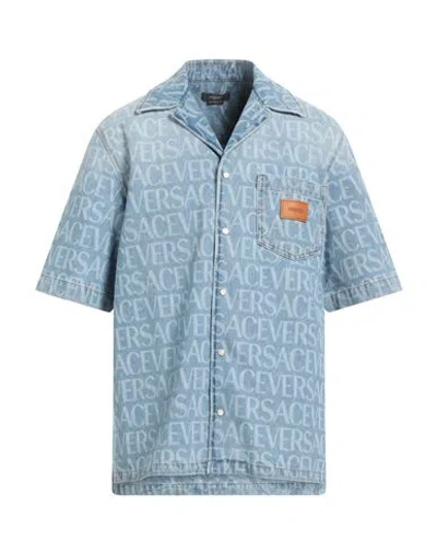 Versace All-over Logo Denim Shirt In Navy