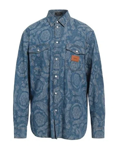 Versace Barocco Silhouette Denim Shirt In Blue+print