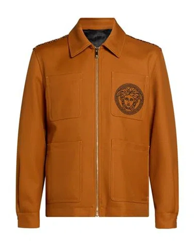 Versace Man Jacket Camel Size 46 Virgin Wool, Polyester In Brown