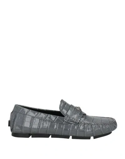 Versace Man Loafers Grey Size 8.5 Calfskin In Blue