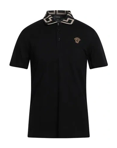 Versace Geometric Patterned Black Polo Shirt With Classic Placket