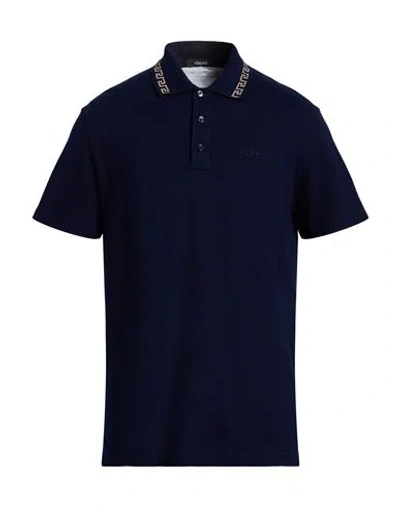 Versace Man Polo Shirt Midnight Blue Size L Cotton, Polyester, Metallic Polyester, Polyamide