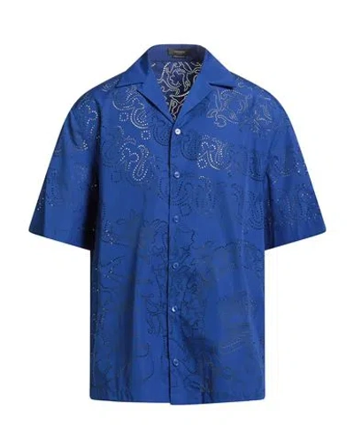 Versace Man Shirt Bright Blue Size 46 Polyester, Cotton