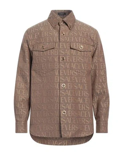 Versace Man Shirt Khaki Size 38 Polyester, Cotton In Beige