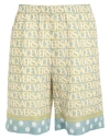 Versace Silk Bermuda Shorts With All-over Logo In Blue