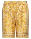 Versace Golden Barocco Print Silk Shorts In Yellow