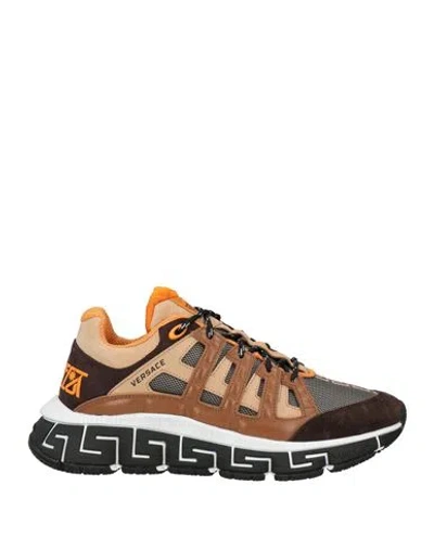 Versace Man Sneakers Dark Brown Size 10 Leather, Textile Fibers In Brown
