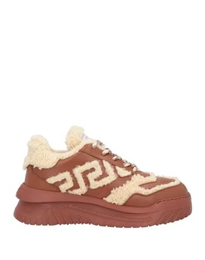 Versace Man Sneakers Brown Size 9 Calfskin, Shearling