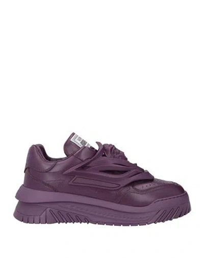 Versace Man Sneakers Deep Purple Size 12 Soft Leather, Textile Fibers