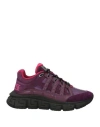 Versace Man Sneakers Plum Size 8.5 Calfskin, Textile Fibers In Purple