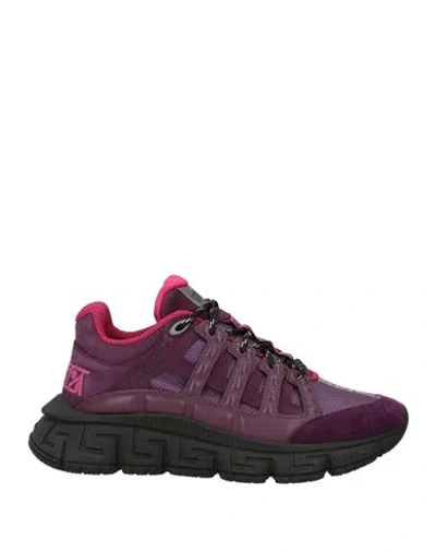 Versace Man Sneakers Plum Size 8.5 Calfskin, Textile Fibers In Purple