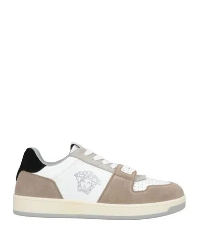 Versace Man Sneakers Khaki Size 9 Calfskin, Textile Fibers In Sand