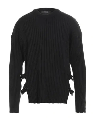 VERSACE VERSACE MAN SWEATER BLACK SIZE 40 WOOL, CALFSKIN, LAMBSKIN